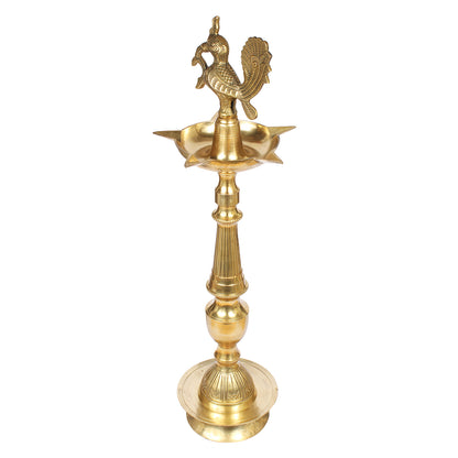 Brass Peacock Puja Lamp: Traditional 30 Inch Kuthu Vilakku for Entrance & Mandir Decor, Gold Color Color, Large Size