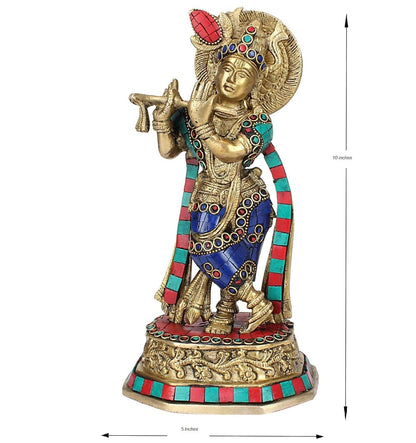 Brass Krishna Bhagwan Murti in Multicolor Height 10 Inch - SvarupArt