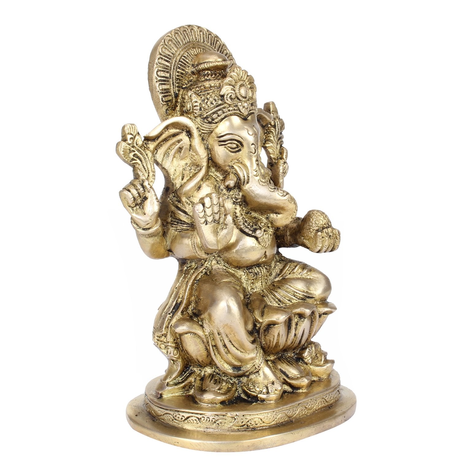 Brass Sitting Ganesha Idol In Gold Color Height 7.5 Inch Weight 1.9 Kg - SvarupArt
