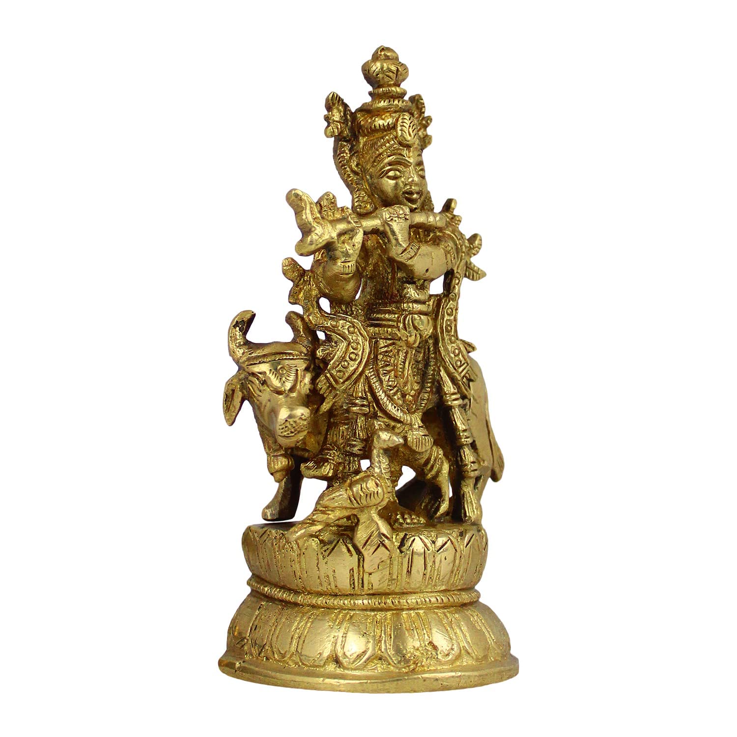 Brass Krishna Bhagwan Idol with Gau Mata in Gold Color Height 4.5 Inch - SvarupArt