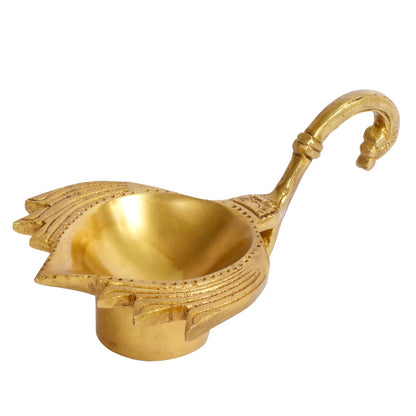 2.75 Inch Gold Color Brass Diya: Handheld for Temple Aarti, Camphor Burn & Puja. - SvarupArt
