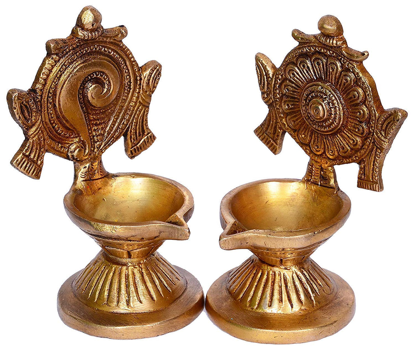Brass Shankha-Chakra Diya Set: Home Temple Aarti Deepam, Puja Jyot, Table Mandir - SvarupArt