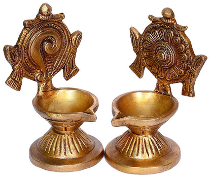 Brass Shankha-Chakra Diya Set: Home Temple Aarti Deepam, Puja Jyot, Table Mandir - SvarupArt
