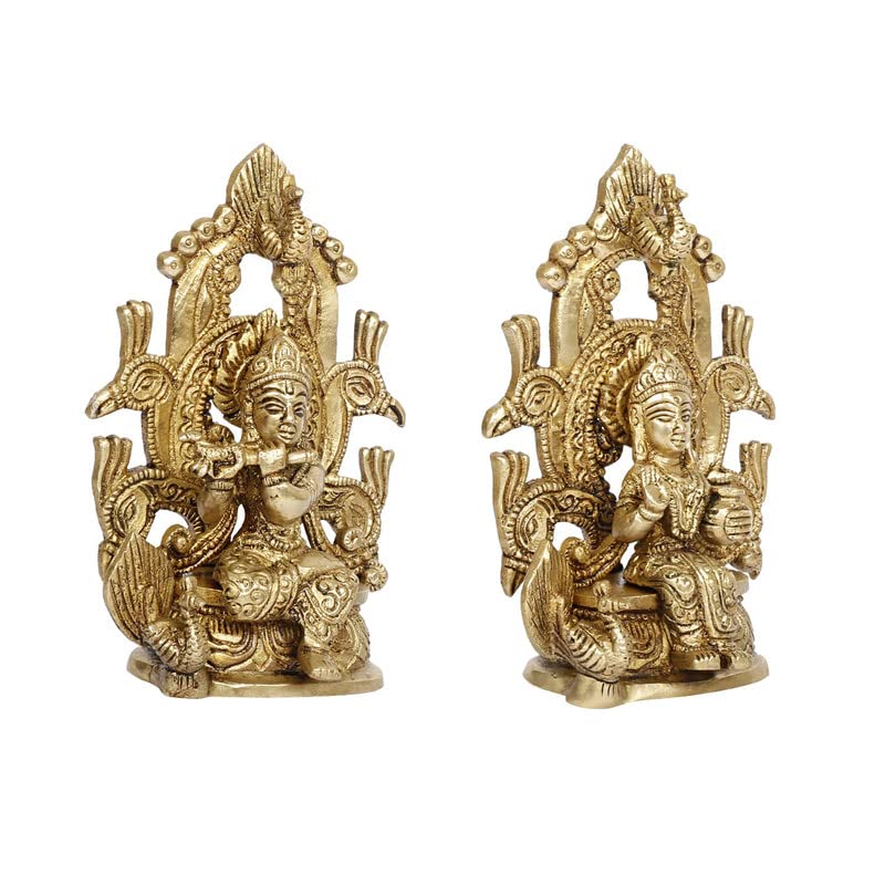 Brass Radha Krishna Murti on Singhasan in Gold Color Height 6 Inch - SvarupArt