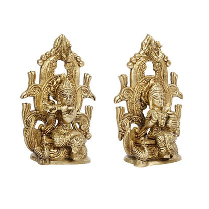 Brass Radha Krishna Murti on Singhasan in Gold Color Height 6 Inch - SvarupArt