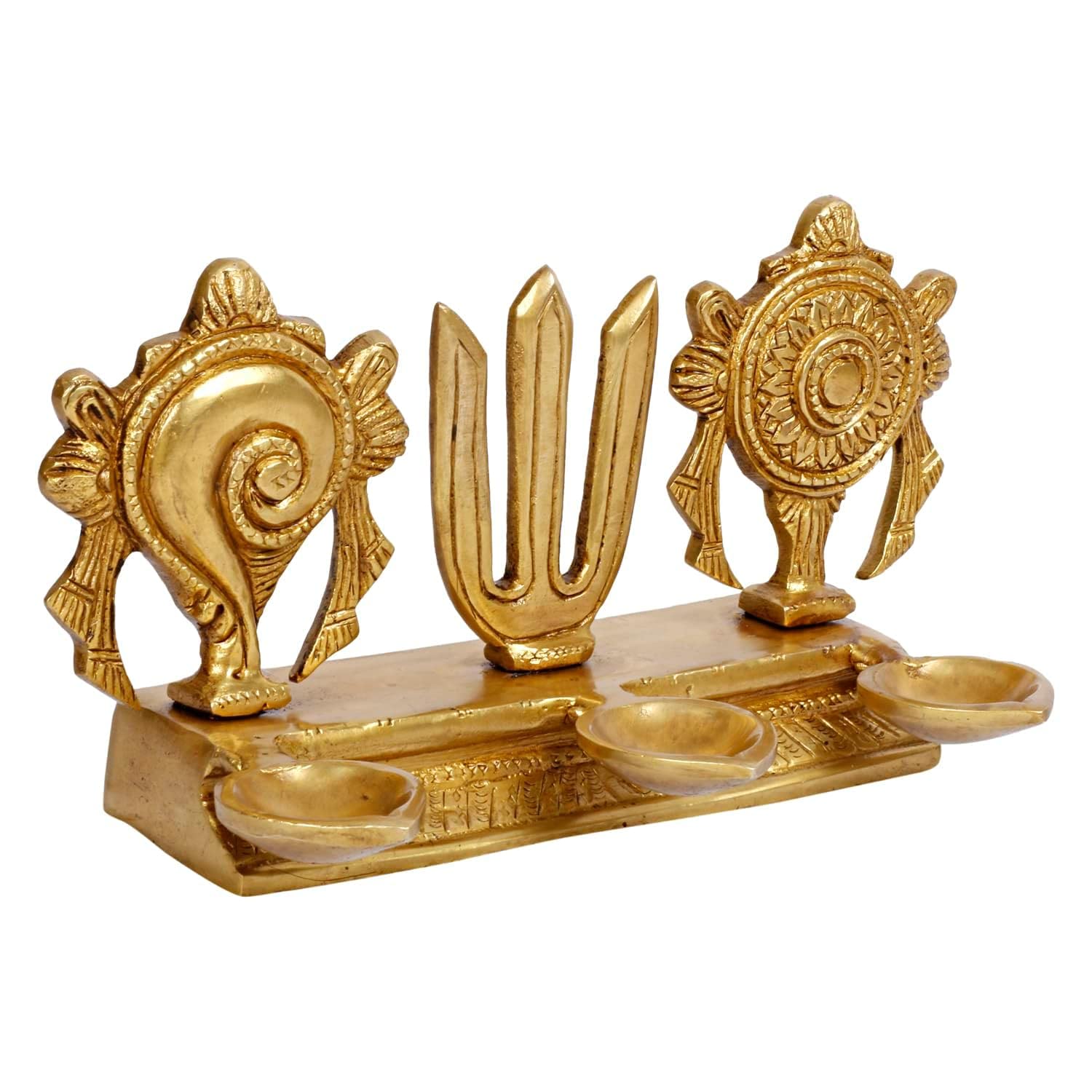 4.25 Inch Brass Shankh Chakra Namah Diya: Gold Color - SvarupArt