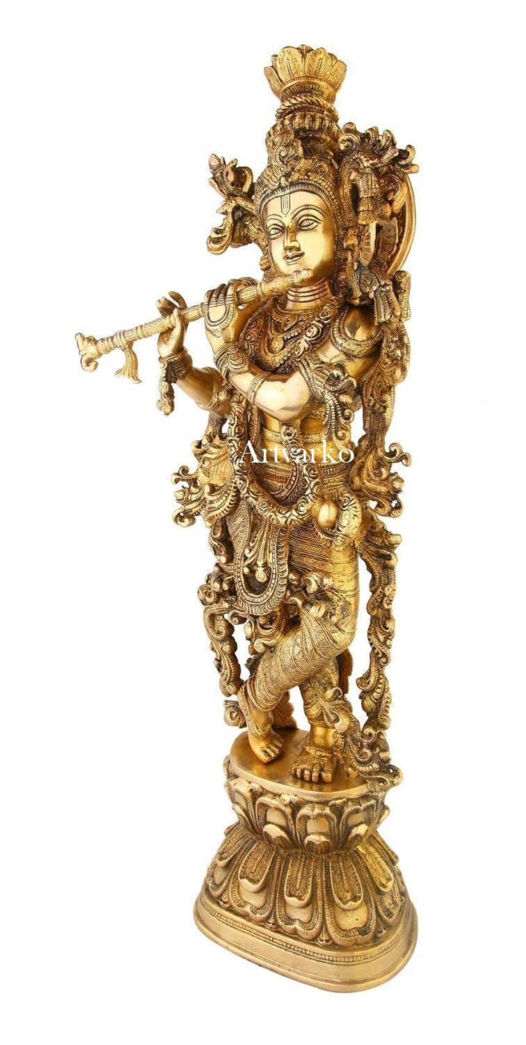 Brass Krishna Idol in Gold Color Height 29 Inch - SvarupArt
