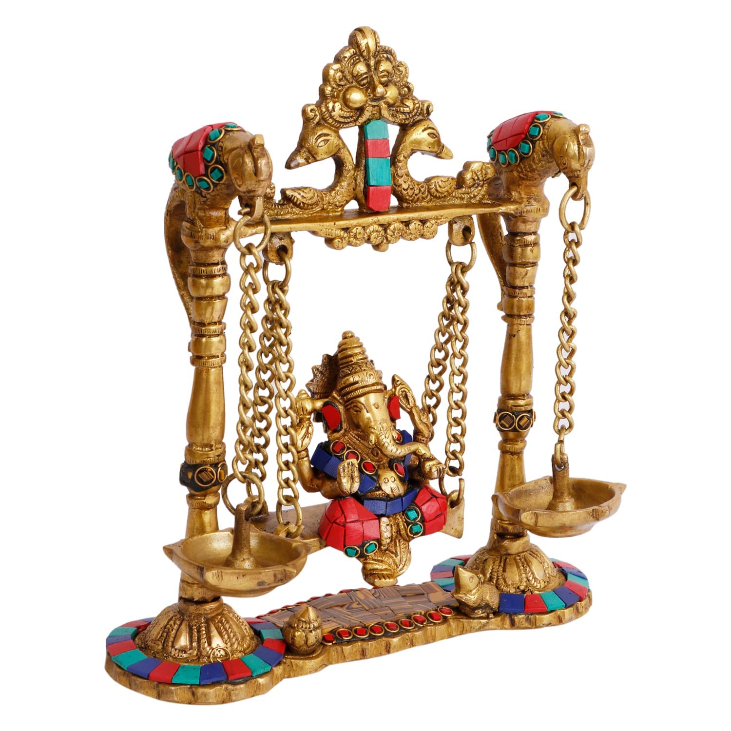 Brass Jhula Ganesha Idol In Multicolor Height 8 Inch Weight 2.2 Kg - SvarupArt