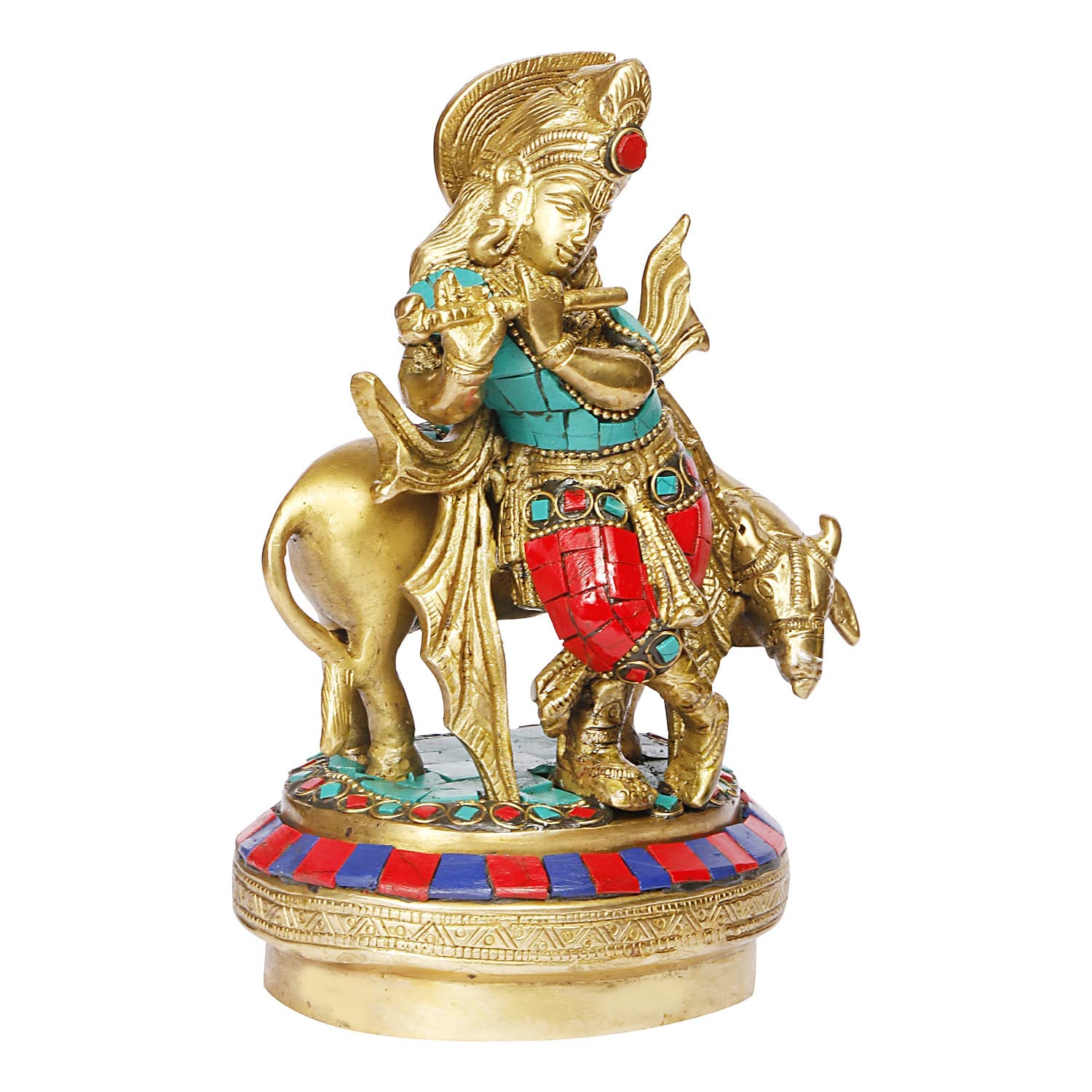 Brass Krishna Bhagwan with Gau Mata in Multi Color Height 7 Inch - SvarupArt