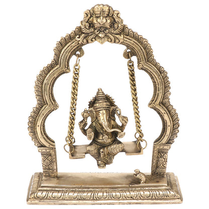 Brass Jhula Ganesha Idol In Gold Color Height 5.5 Inch Weight 1.3 Kg - SvarupArt