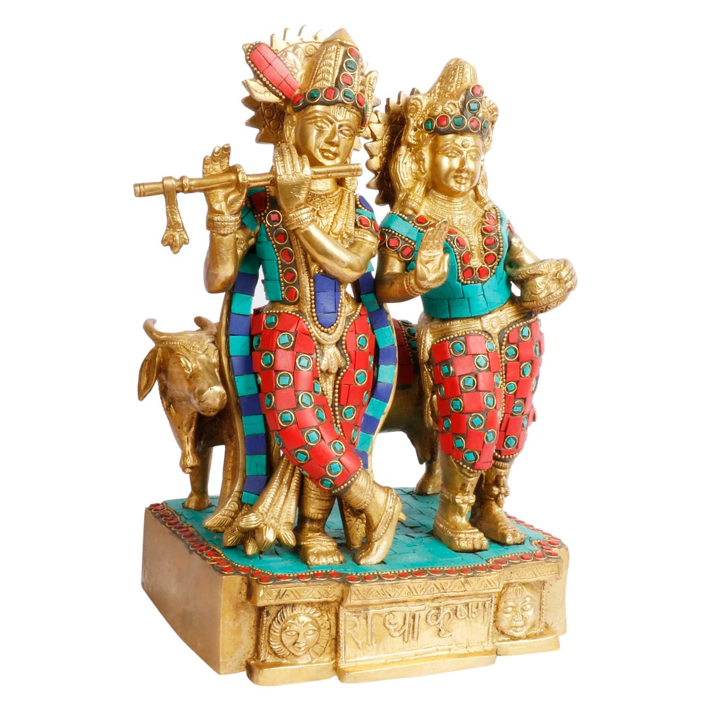 Brass Radha Krishna Murti with Gau Mata in Multicolor Height 11.5 Inch - SvarupArt