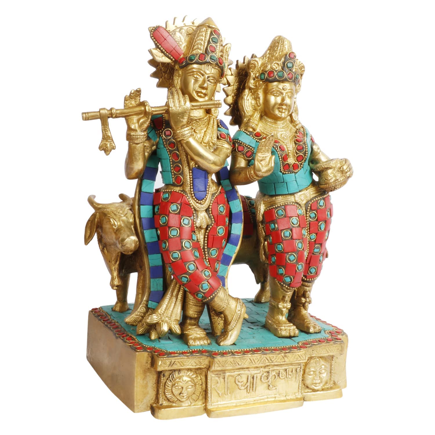 Brass Radha Krishna Murti with Gau Mata in Multicolor Height 11.5 Inch - SvarupArt