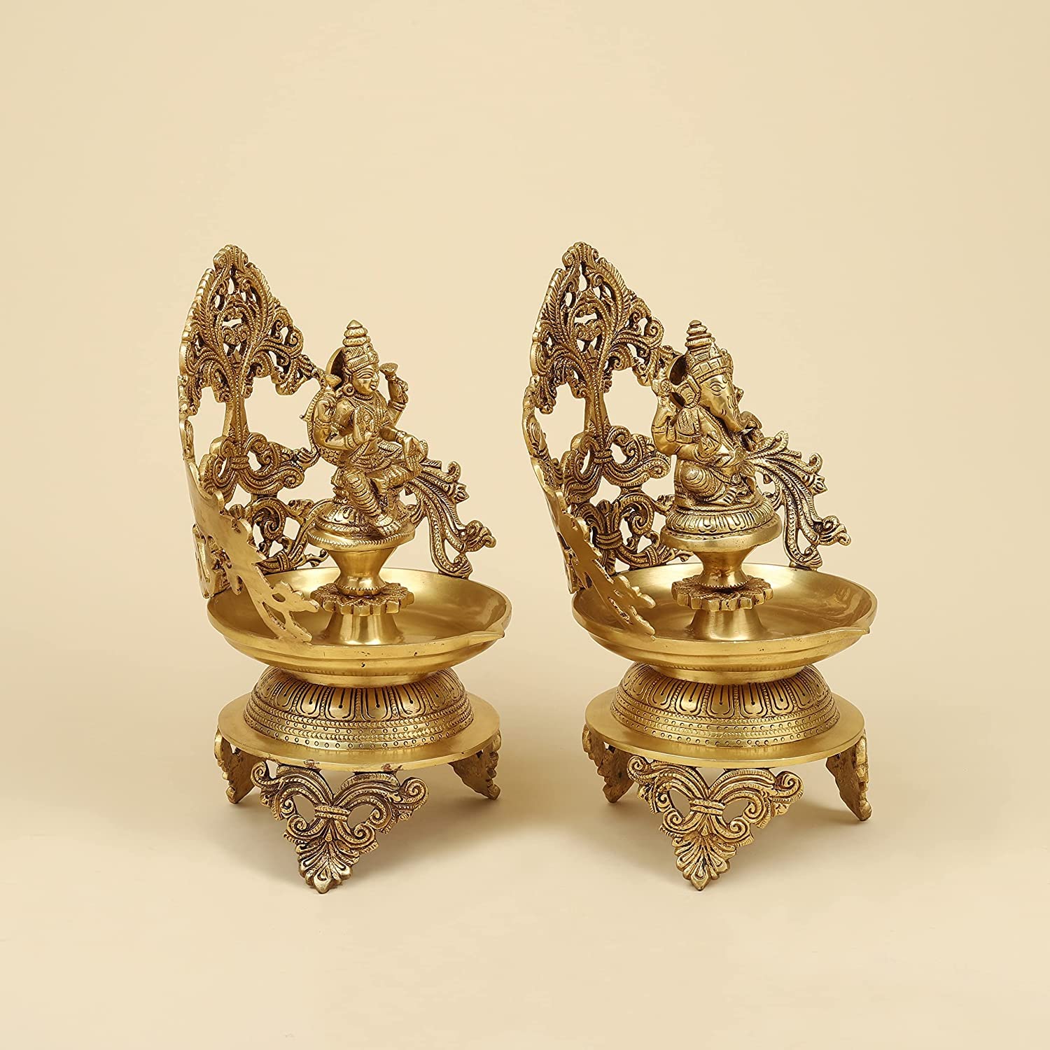 13.5 Inch Gold Color Brass Laxmi Ganesh Oil Lamp Diya Deepam: Ideal for Temple Aarti, Deepak Pooja, and Jyot Lighting - SvarupArt
