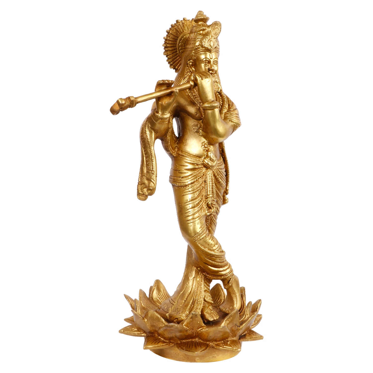 Brass Krishna Murti on Lotus in Gold Color Height 11 Inch - SvarupArt