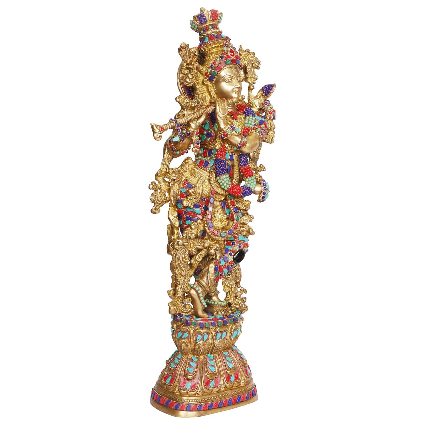 Brass Krishna Bhagwan Murti playing Flute in Multicolor Height 29 Inch - SvarupArt