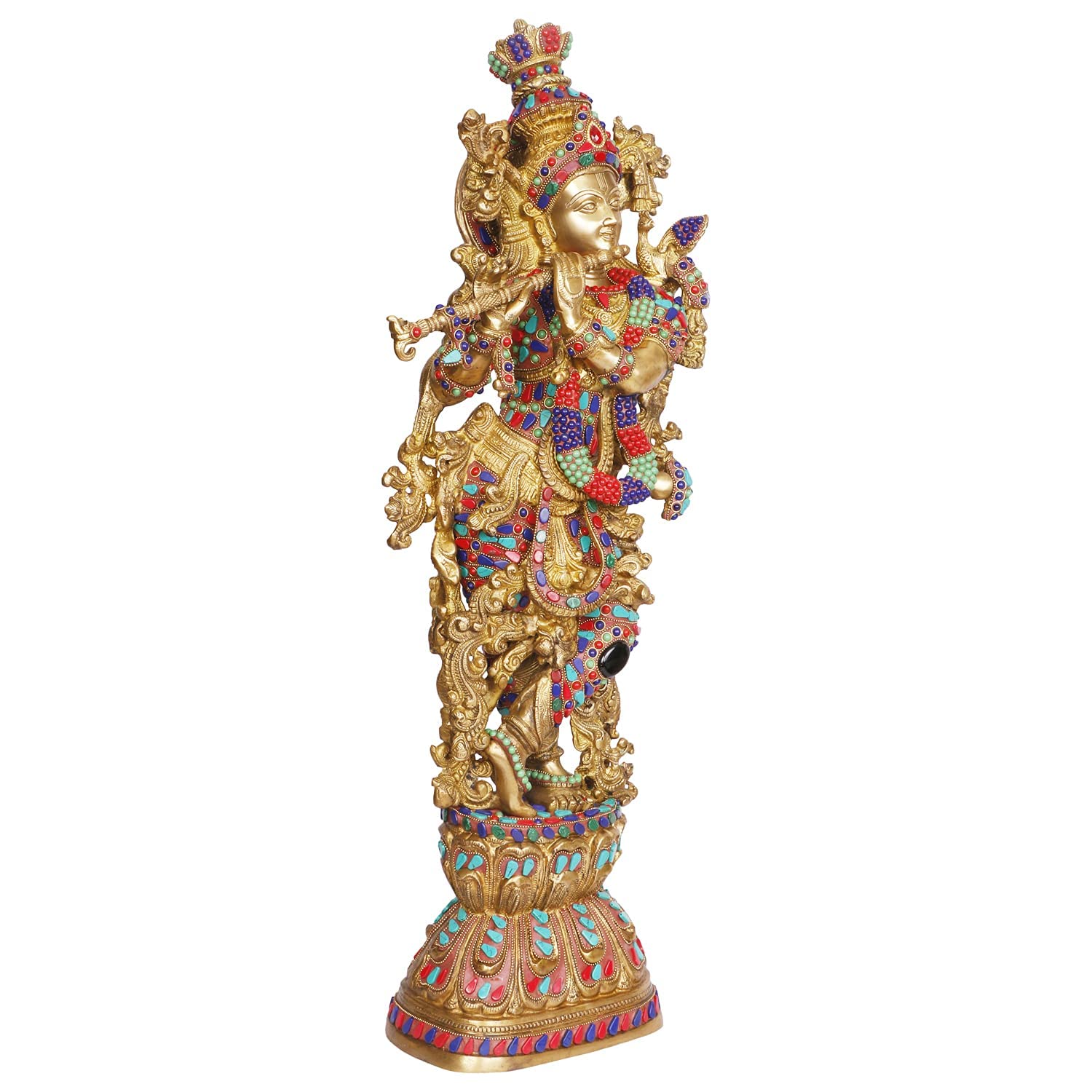 Brass Krishna Bhagwan Murti playing Flute in Multicolor Height 29 Inch - SvarupArt