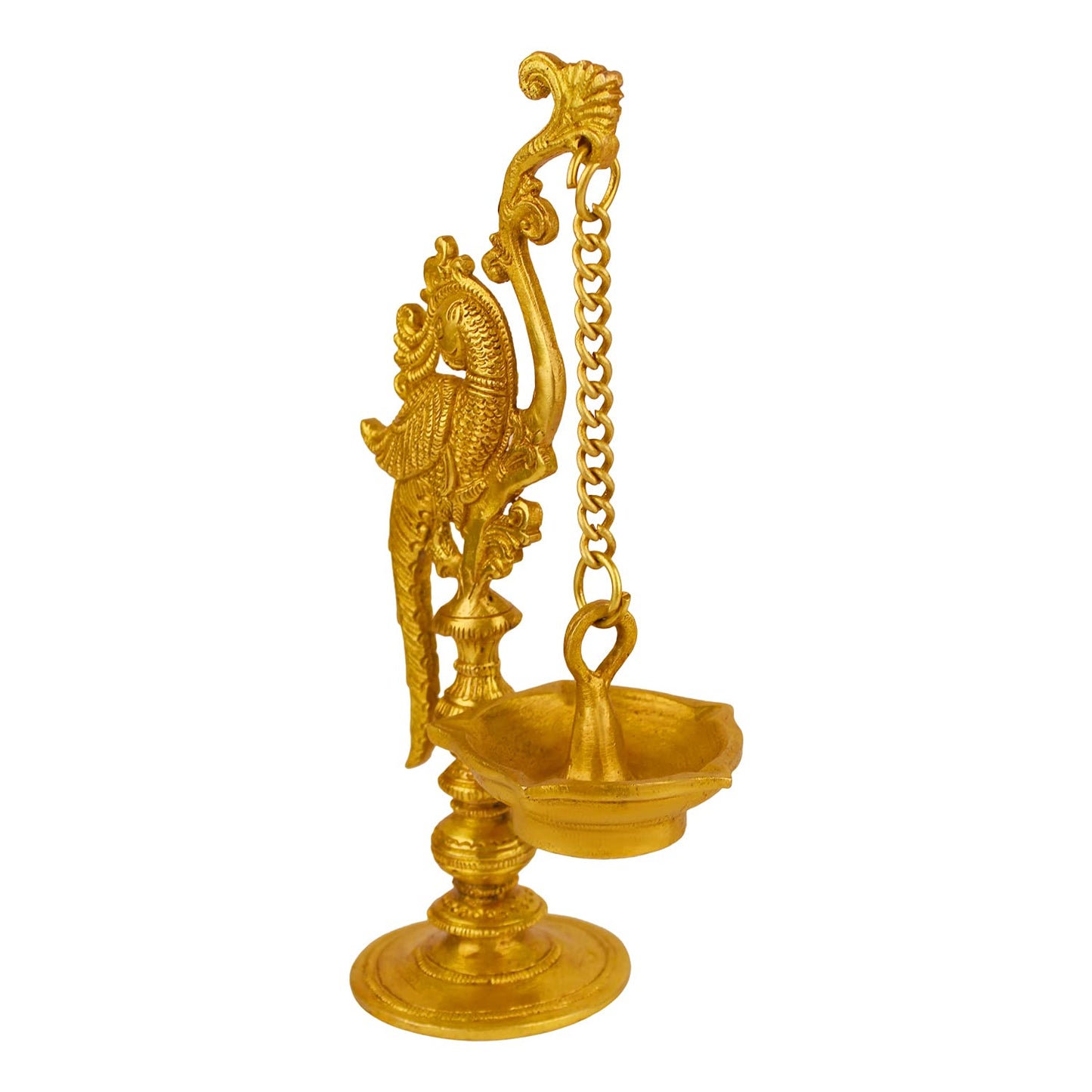 9 Inch Gold Color Brass Parrot Diya with Long Chain: Small Size, Ideal for Home Temple