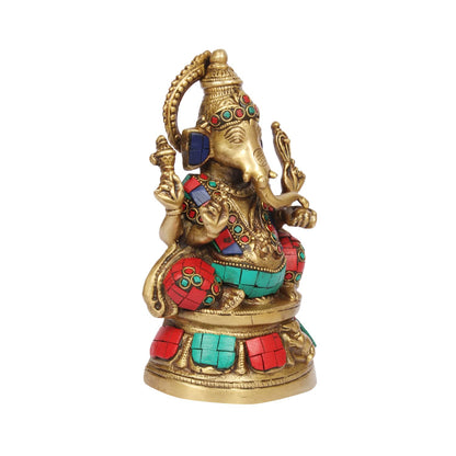 Brass Sitting Ganesha Idol for Mandir in Multicolor for Living Room Height 5.5 Inch Weight 1.4 Kg - SvarupArt