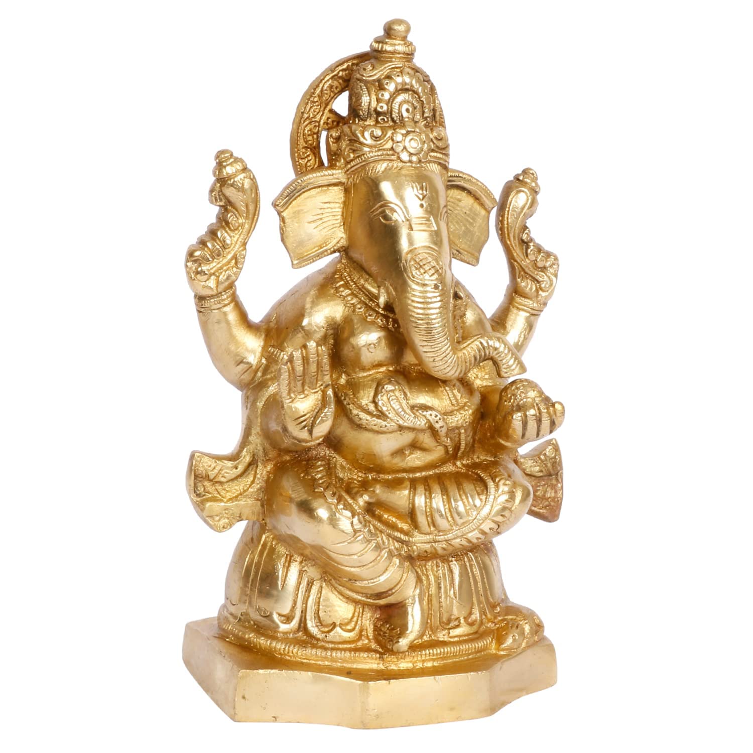 Brass Sitting Ganesha Idol In Gold Color Height 5.5 Inch Weight 1.5 Kg - SvarupArt