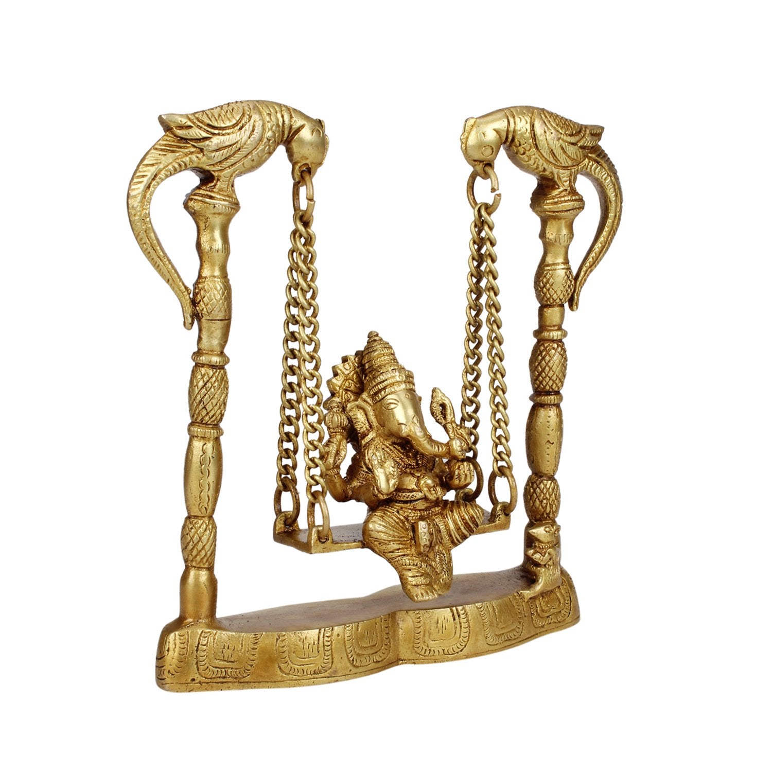 Brass Jhula Ganesha Idol In Gold Color Height 5 Inch Weight 1 Kg - SvarupArt