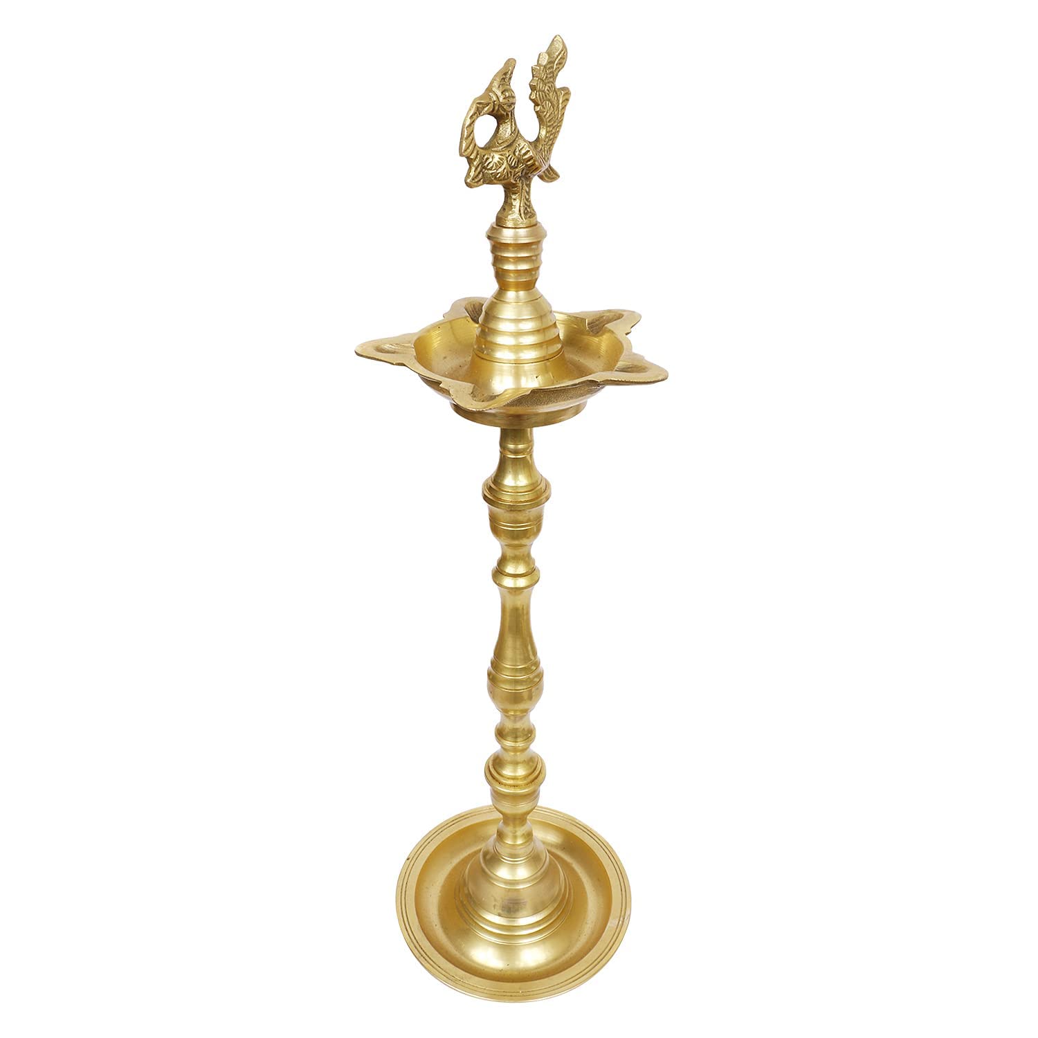 Brass Peacock Puja Lamp with Multi Slot: Traditional Kuthuvilakku (Kuthu Vilakku) Ornamental Lamp - SvarupArt