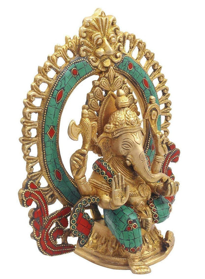 Brass Sitting Ganesha Idol In Multicolor Height 7.5 Inch Weight 2.6 Kg - SvarupArt