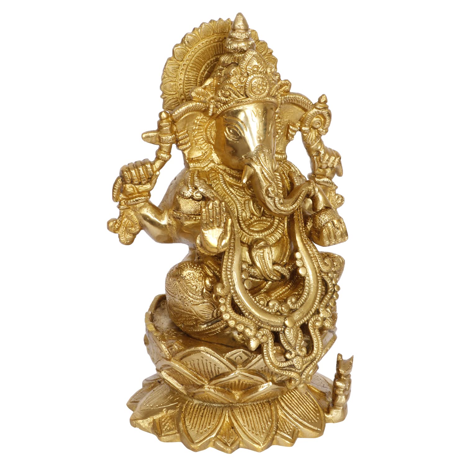 Brass Sitting Ganesha Idol In Gold Color Height 7.5 Inch Weight 2.8 Kg - SvarupArt