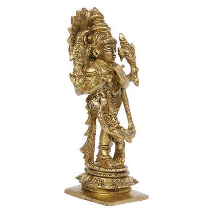 Brass Idol of Krishna with Flute in Hand Gold Color 5.5 Inch Height - SvarupArt