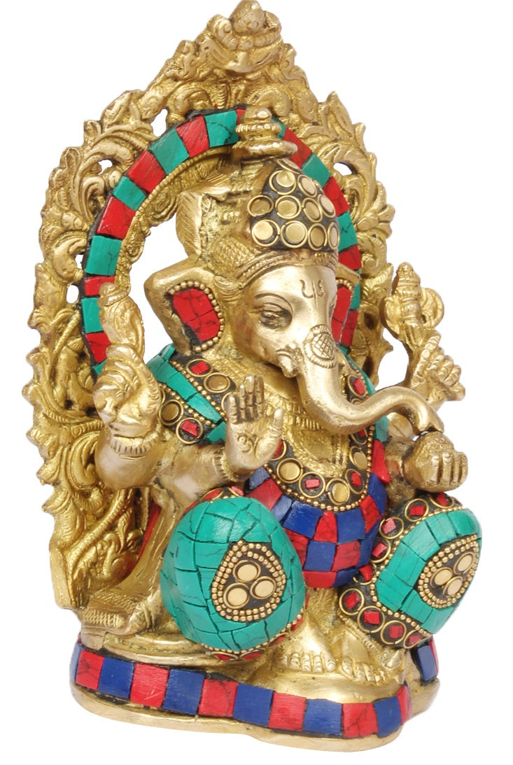 Brass Sitting Ganesha Idol In Multicolor Height 7 Inch Weight 2.3 Kg - SvarupArt