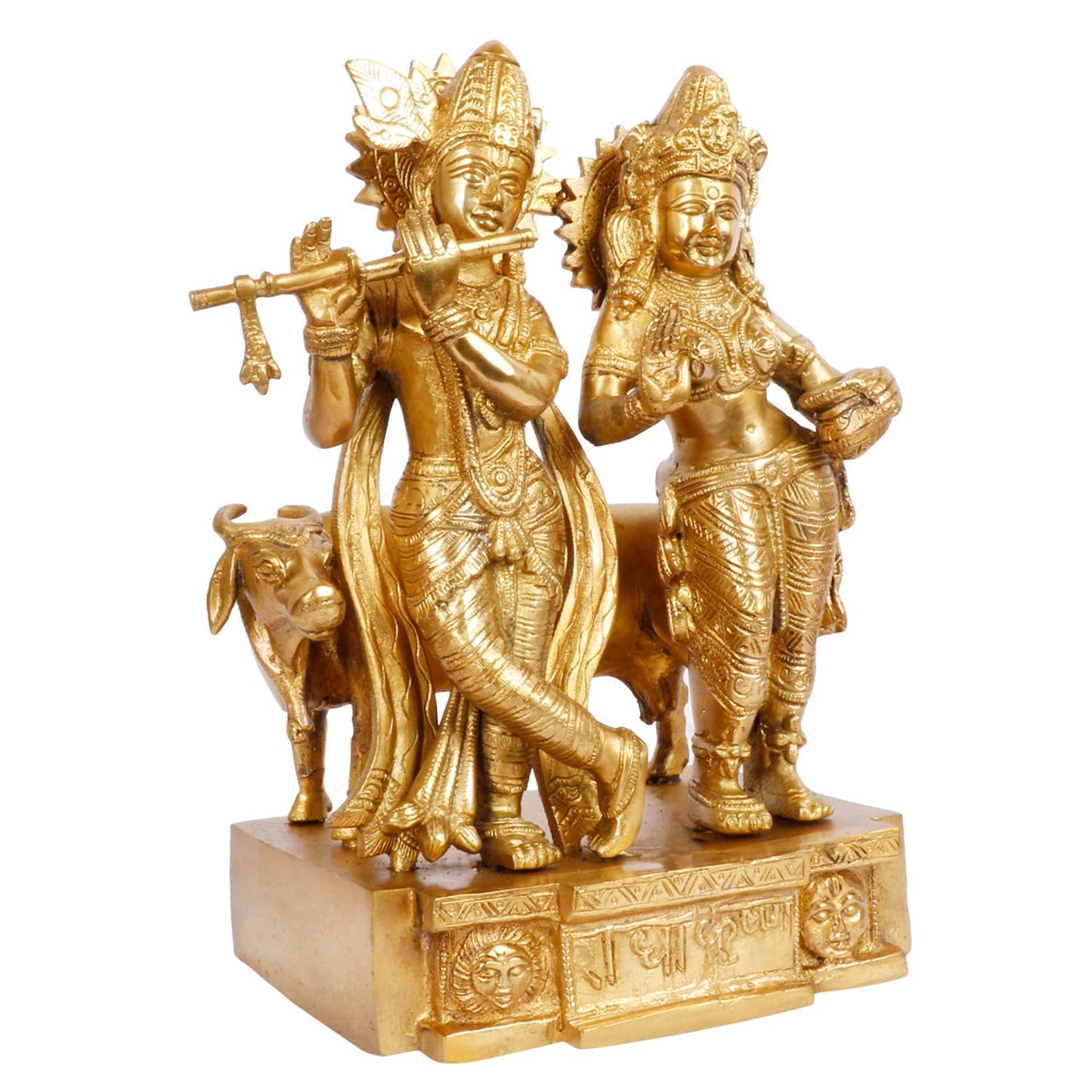 Brass Radha Krishna Murti with Gau Mata in Gold Color Height 11.5 Inch - SvarupArt