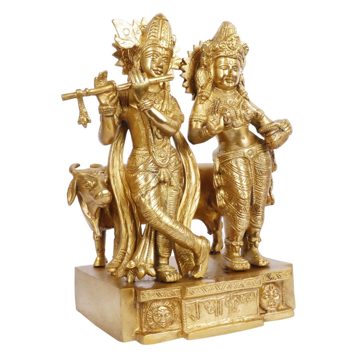 Brass Radha Krishna Murti with Gau Mata in Gold Color Height 11.5 Inch - SvarupArt