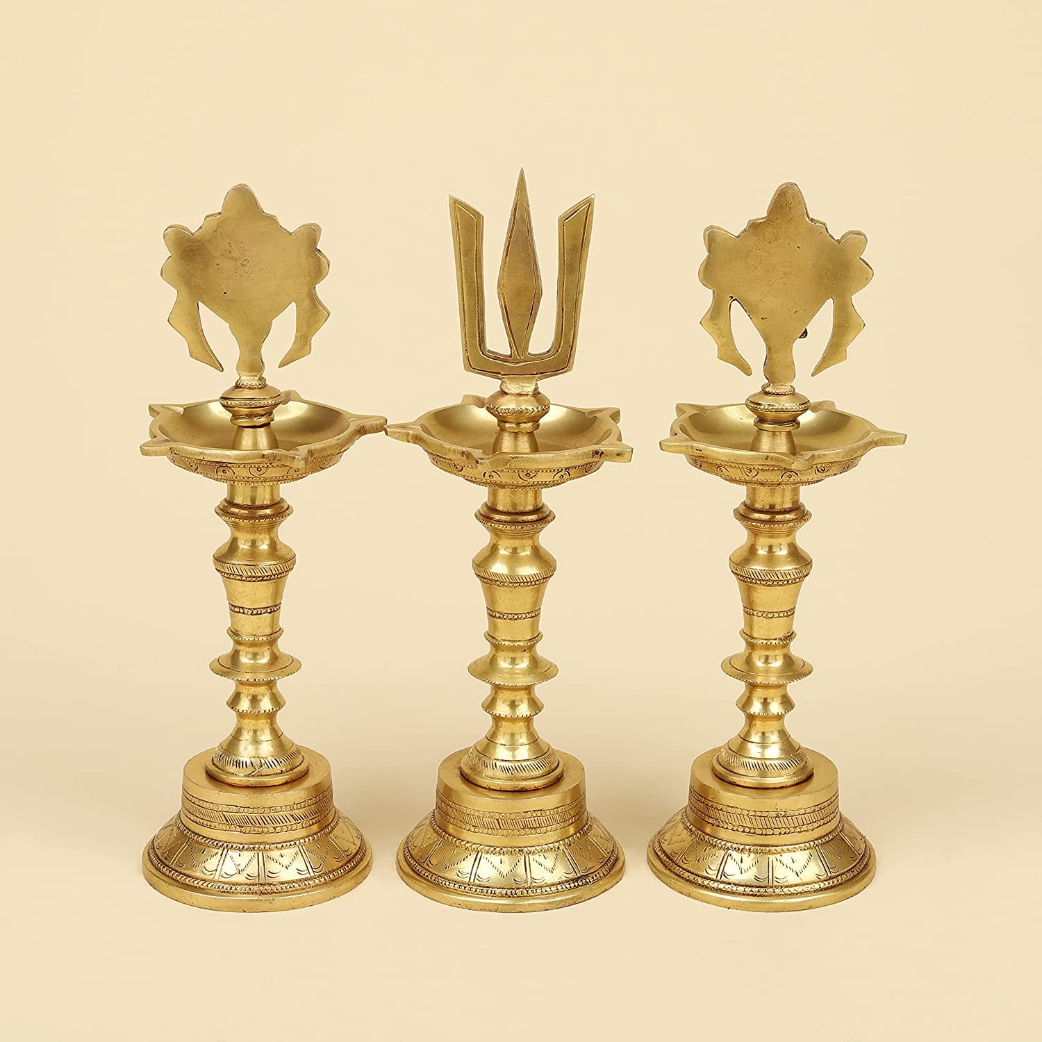 11 Inch Gold Color Brass Shankh Chakra Namah Diya Showpiece: Ideal for Home Decor - SvarupArt