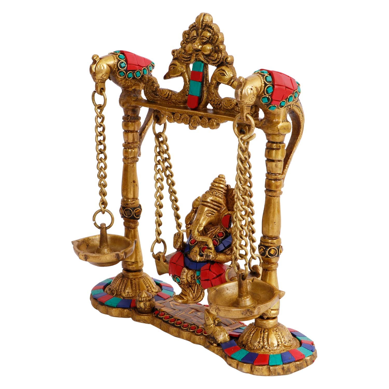 Brass Jhula Ganesha Idol In Multicolor Height 8 Inch Weight 2.2 Kg - SvarupArt