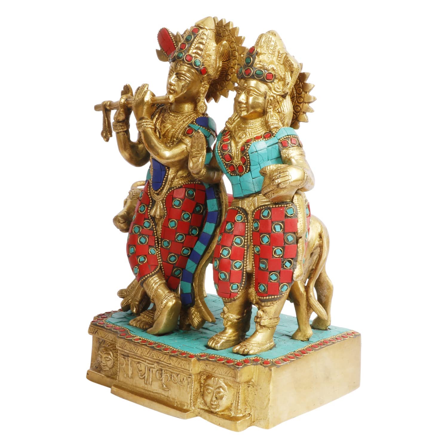 Brass Radha Krishna Murti with Gau Mata in Multicolor Height 11.5 Inch - SvarupArt