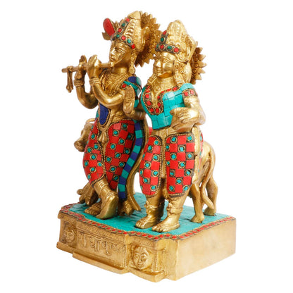 Brass Radha Krishna Murti with Gau Mata in Multicolor Height 11.5 Inch - SvarupArt