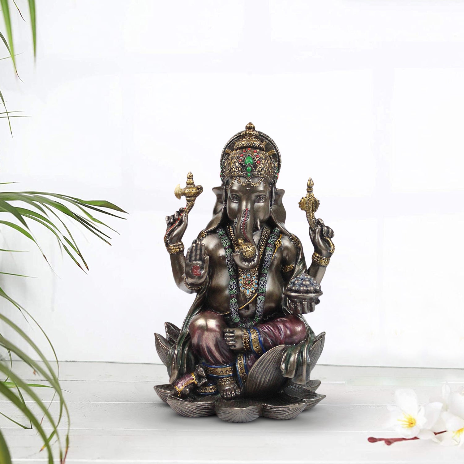 Resin Sitting Ganesha Idol Mangalkari Ganpati Murti In Multicolor Height 7.Inch - SvarupArt