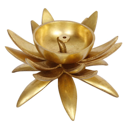 3 Inch Gold Color Brass Diya with Flower Petals: For Temple Aarti, Camphor Burn & Puja. Handheld Design. - SvarupArt