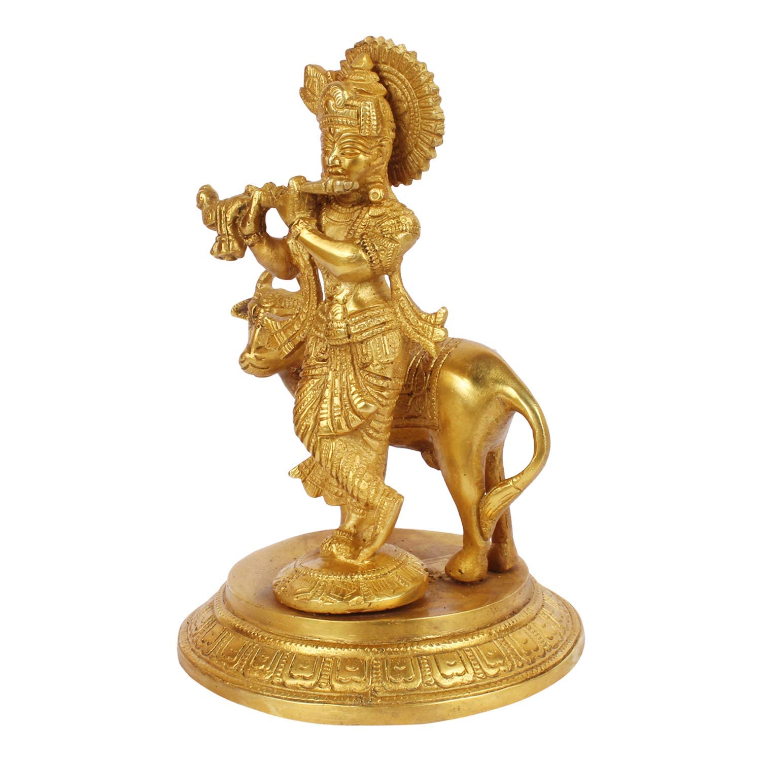 Brass Krishna Bhagwan Idol with Gau Mata in Gold Color Height 7.5 Inch - SvarupArt