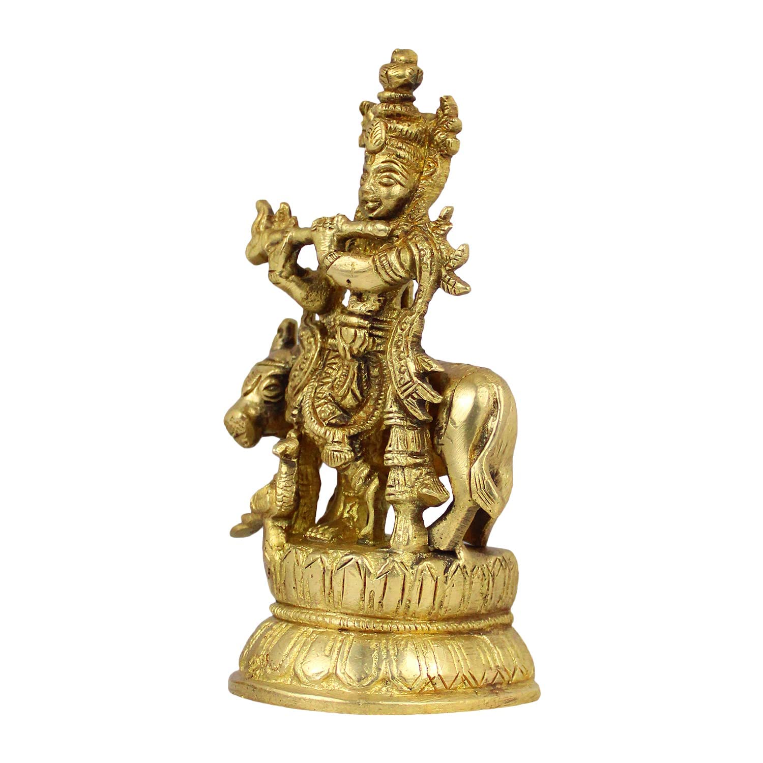 Brass Krishna Bhagwan Idol with Gau Mata in Gold Color Height 4.5 Inch - SvarupArt
