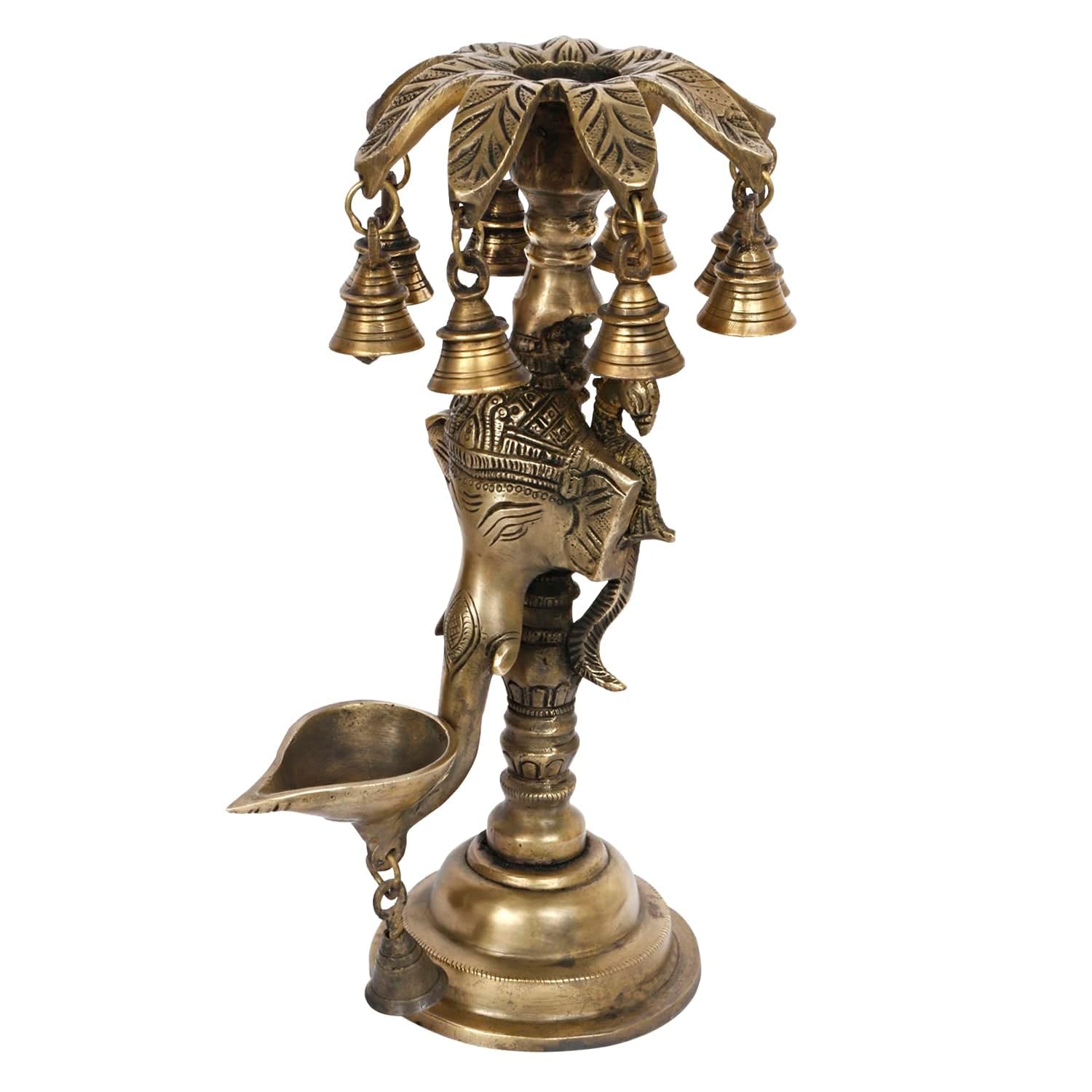 12 Inch Antique Gold Color Handcrafted Brass Ganesha Diya: For Spiritual Illumination. - SvarupArt