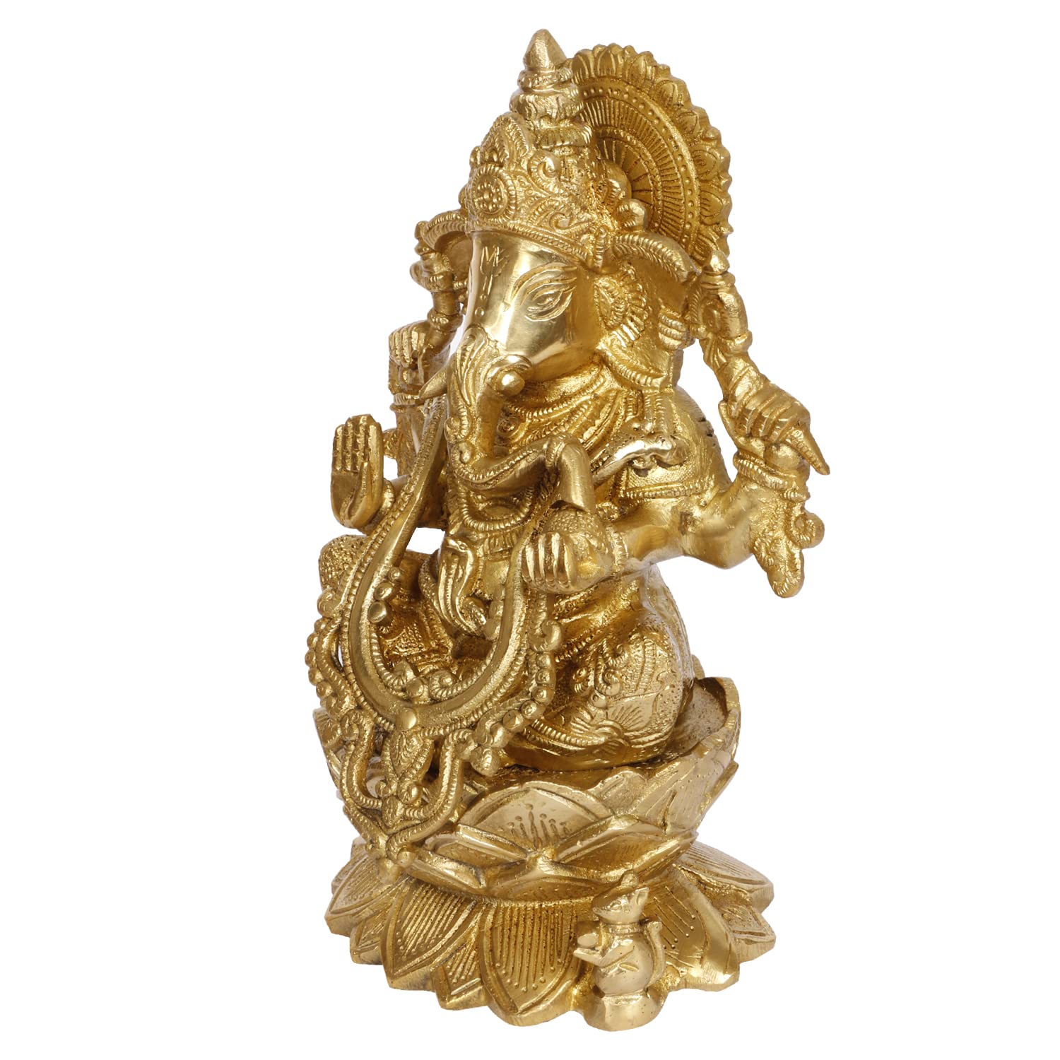 Brass Sitting Ganesha Idol In Gold Color Height 7.5 Inch Weight 2.8 Kg - SvarupArt