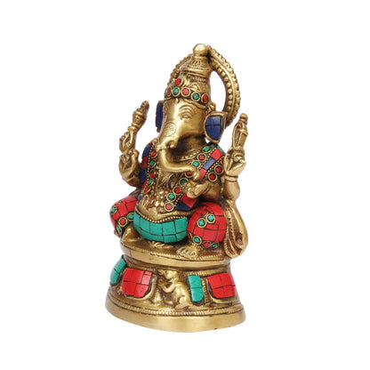 Brass Sitting Ganesha Idol for Mandir in Multicolor for Living Room Height 5.5 Inch Weight 1.4 Kg - SvarupArt