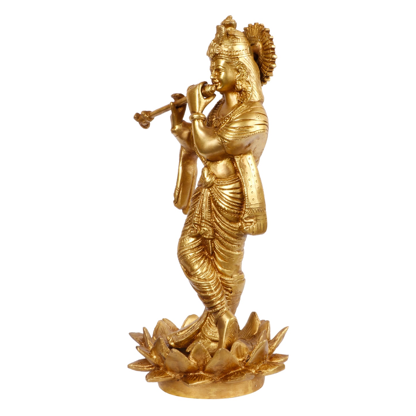 Brass Krishna Murti on Lotus in Gold Color Height 11 Inch - SvarupArt