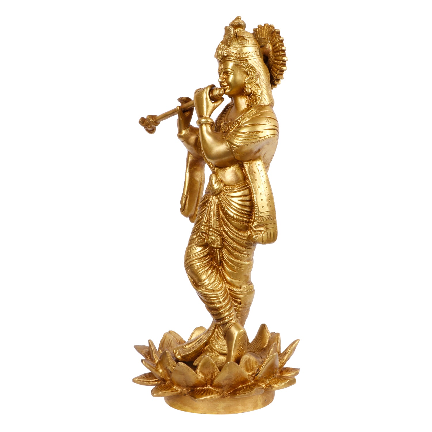Brass Krishna Murti on Lotus in Gold Color Height 11 Inch - SvarupArt
