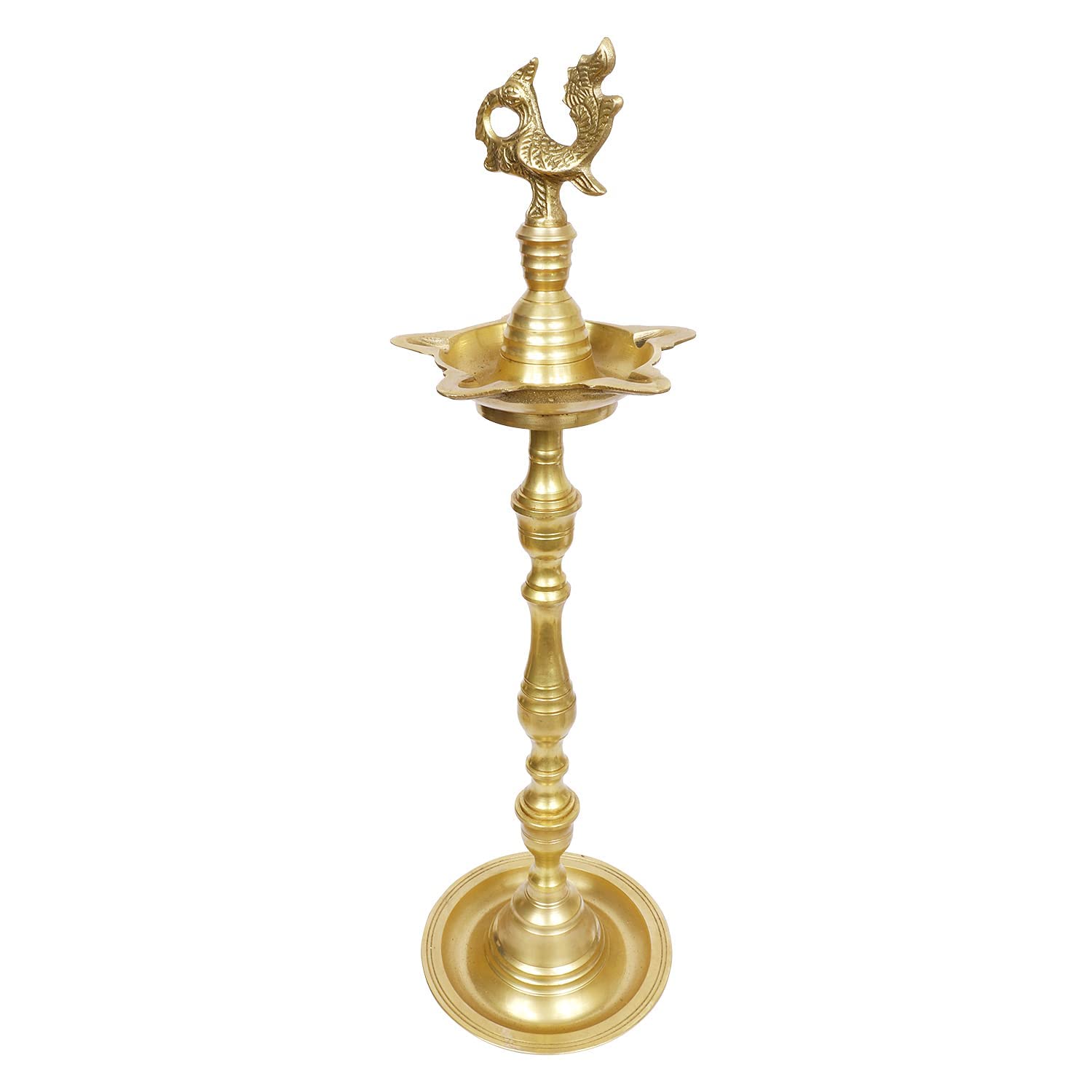 Brass Peacock Puja Lamp with Multi Slot: Traditional Kuthuvilakku (Kuthu Vilakku) Ornamental Lamp - SvarupArt