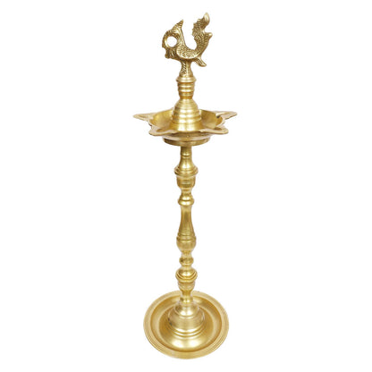 Brass Peacock Puja Lamp with Multi Slot: Traditional Kuthuvilakku (Kuthu Vilakku) Ornamental Lamp - SvarupArt