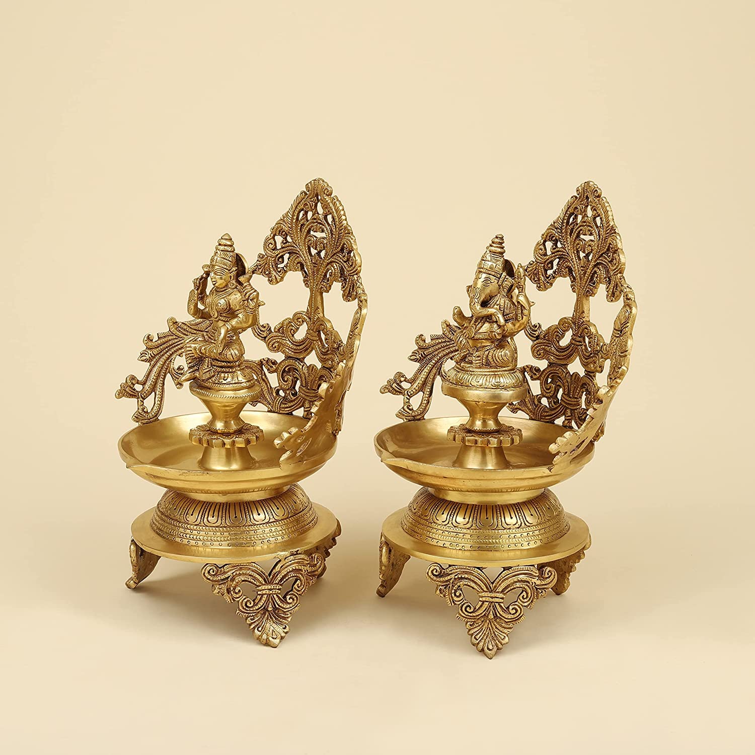 13.5 Inch Gold Color Brass Laxmi Ganesh Oil Lamp Diya Deepam: Ideal for Temple Aarti, Deepak Pooja, and Jyot Lighting - SvarupArt