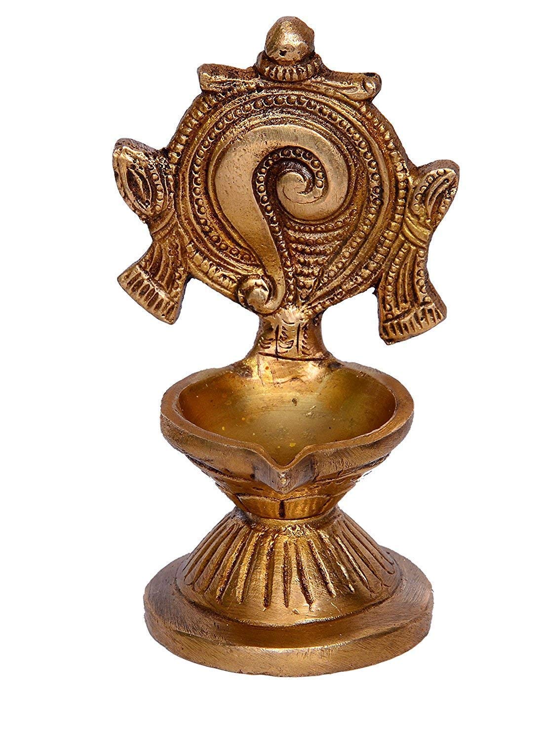 Brass Shankha-Chakra Diya Set: Home Temple Aarti Deepam, Puja Jyot, Table Mandir - SvarupArt