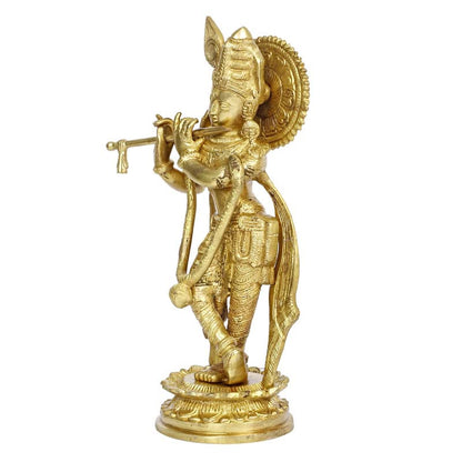 Brass Krishna Bhagwan Murti in Gold Color Height 11 Inch