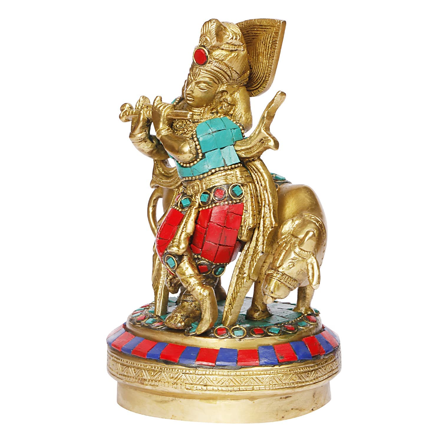 Brass Krishna Bhagwan with Gau Mata in Multi Color Height 7 Inch - SvarupArt